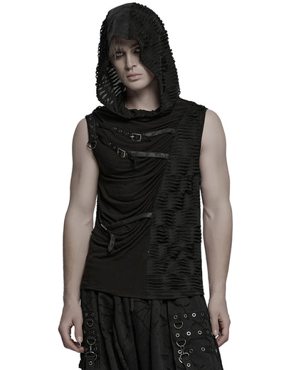 WT-1003BXM-BKM Mens Apocalyptic Gothic Spliced & Shredded Hooded Tank Top Vest