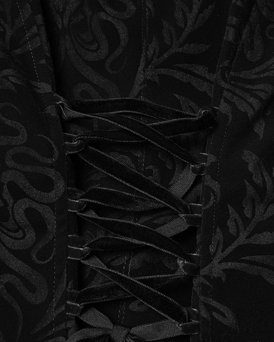 WY-1833LDF Womens Gothic Aristocrat Damask Velvet Frock Coat Jacket - Black