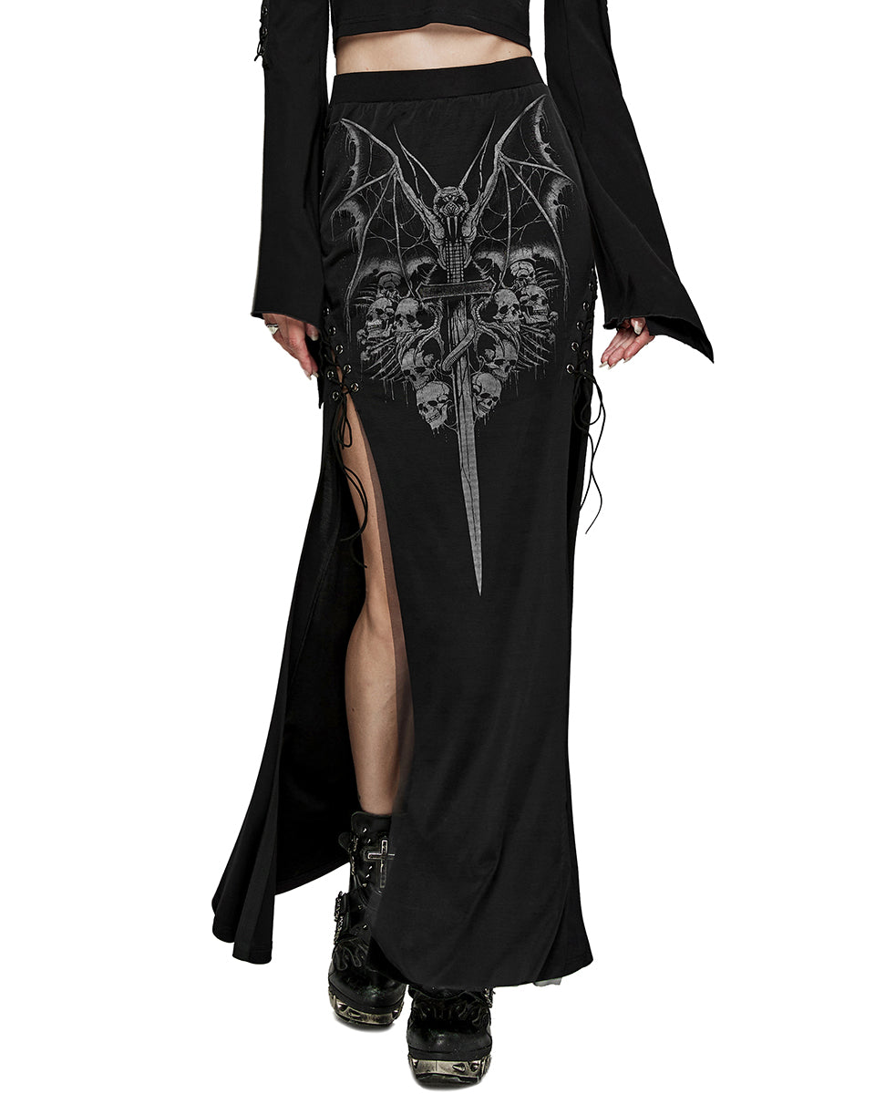 PR-WQ-671BQF-BKF Womens Demonica Printed Gothic Mesh Skirt