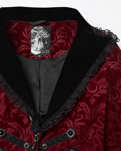 WY-1833LDF Womens Gothic Aristocrat Damask Velvet Frock Coat Jacket - Red
