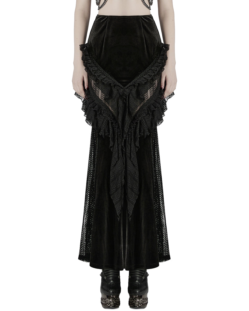 WQ-841BQF-BKF Womens Long Victorian Gothic Velvet & Lace Maxi Skirt