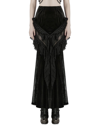 WQ-841BQF-BKF Womens Long Victorian Gothic Velvet & Lace Maxi Skirt