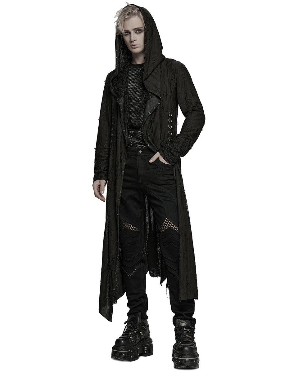 WY-1795XCM-BKM Mens Apocalyptic Gothic Broken Knit Hooded Piercing Cloak Jacket
