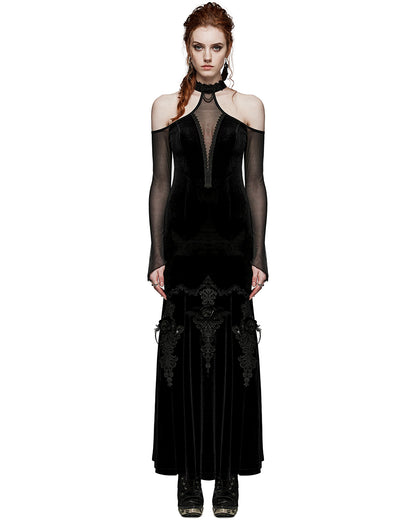 PR-WQ-658DQF-BKF Womens Dark Regency Gothic Velvet & Mesh Evening Dress - Black