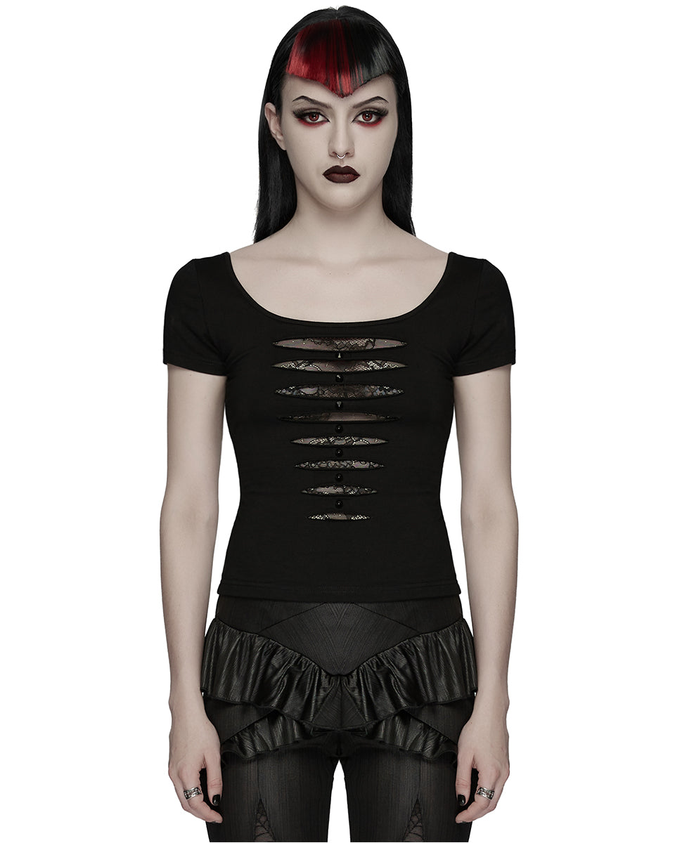 WT-1081TDF Womens Gothic Studded & Slashed Mesh Inset Tee