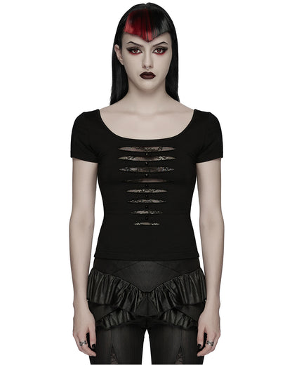 WT-1081TDF Womens Gothic Studded & Slashed Mesh Inset Tee