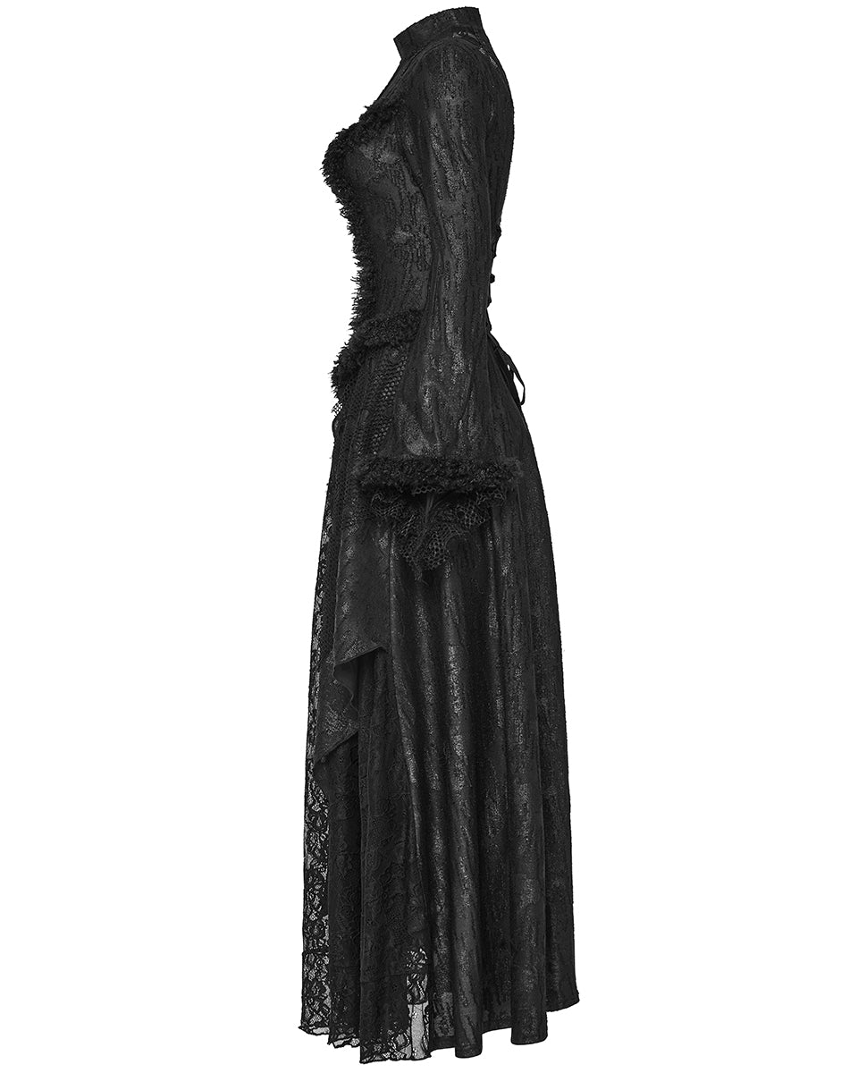 PR-WQ-643LQF-BKF Womens Dark Apocalyptic Shredded Mesh & Lace Splicing Maxi Dress