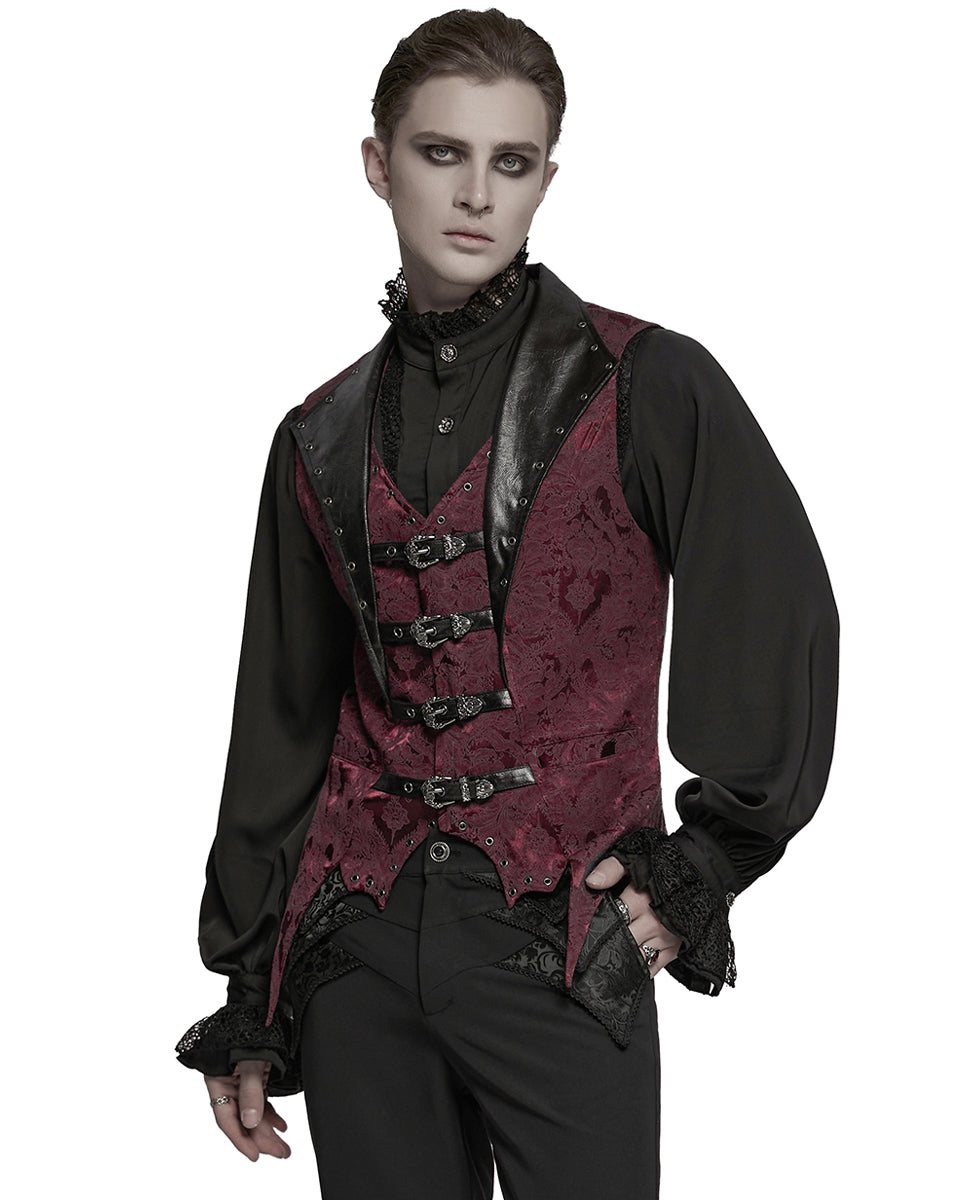 WY-1765MJM Mens Dark Victorian Gothic Damask Jacquard Waistcoat Vest - Red