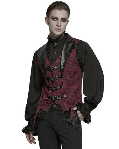 WY-1765MJM Mens Dark Victorian Gothic Damask Jacquard Waistcoat Vest - Red
