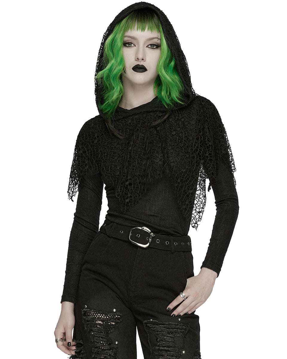 WT-1035TCF Womens Apocalyptic Wasteland Gothic Hooded Mesh Shawl Top