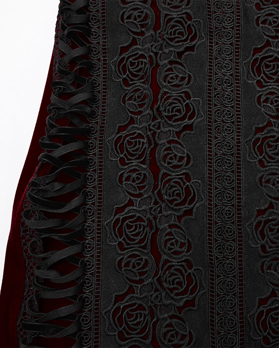 WQ-876BQF Womens Baroque Gothic Rose Embroidered Velvet Fishtail Skirt - Red & Black