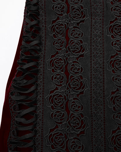 WQ-876BQF Womens Baroque Gothic Rose Embroidered Velvet Fishtail Skirt - Red & Black