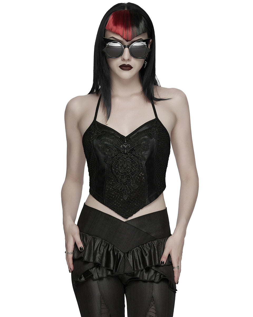 WT-1091DDF Womens Gothic Lace Applique Tie-Back Camisole Top