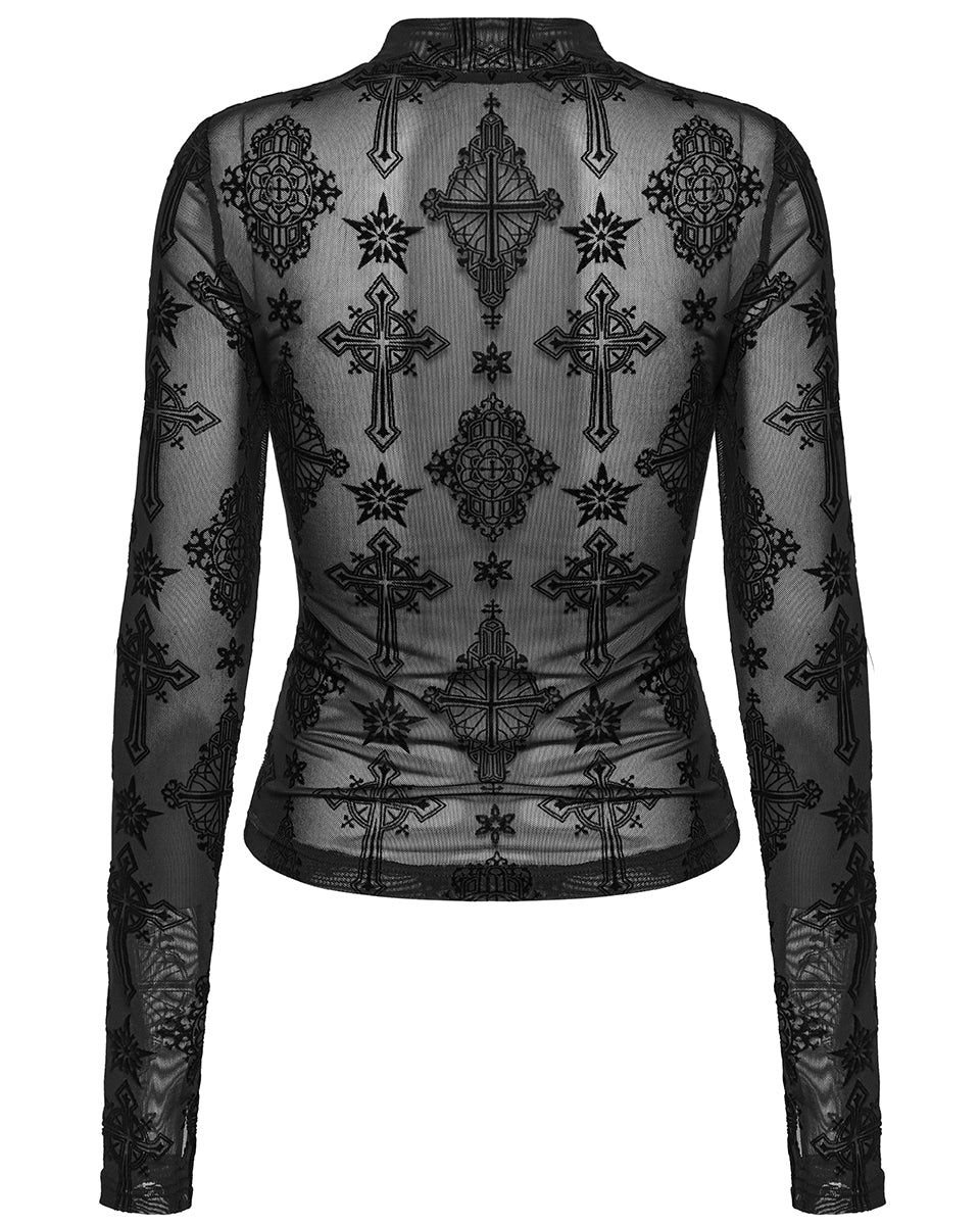 OT-990DQF-BKF Womens Gothic Flocked Mesh Crucifix Top