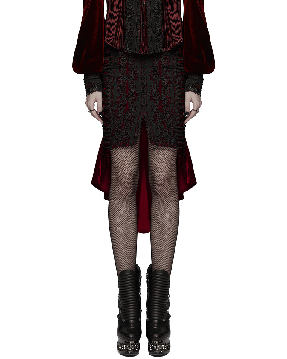 WQ-876BQF Womens Baroque Gothic Rose Embroidered Velvet Fishtail Skirt - Red & Black