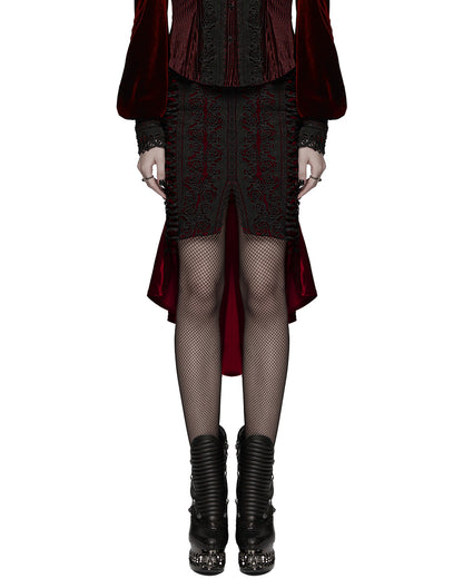 WQ-876BQF Womens Baroque Gothic Rose Embroidered Velvet Fishtail Skirt - Red & Black