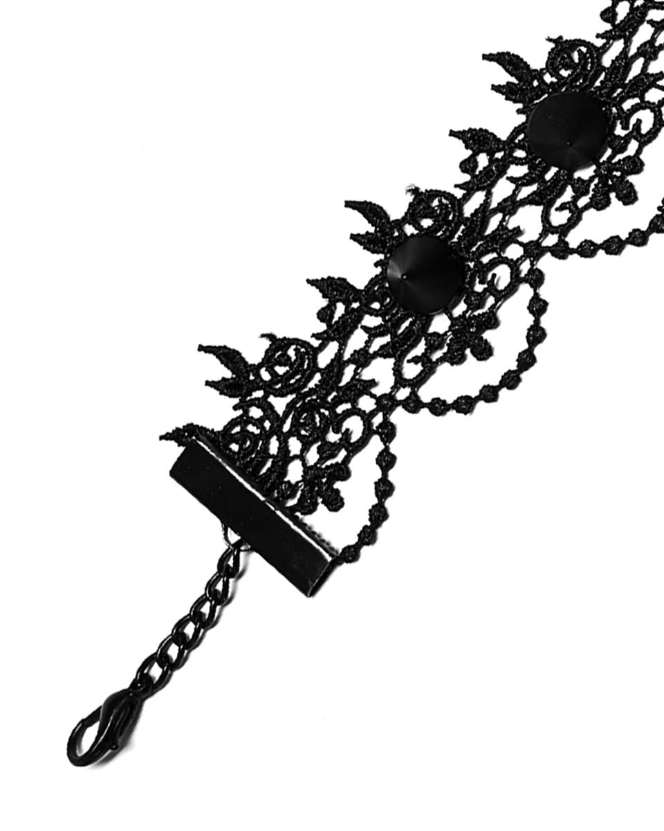 DS508-BKF Gothic Bird Skull Choker Necklace Collar Studded Black Lace Chain