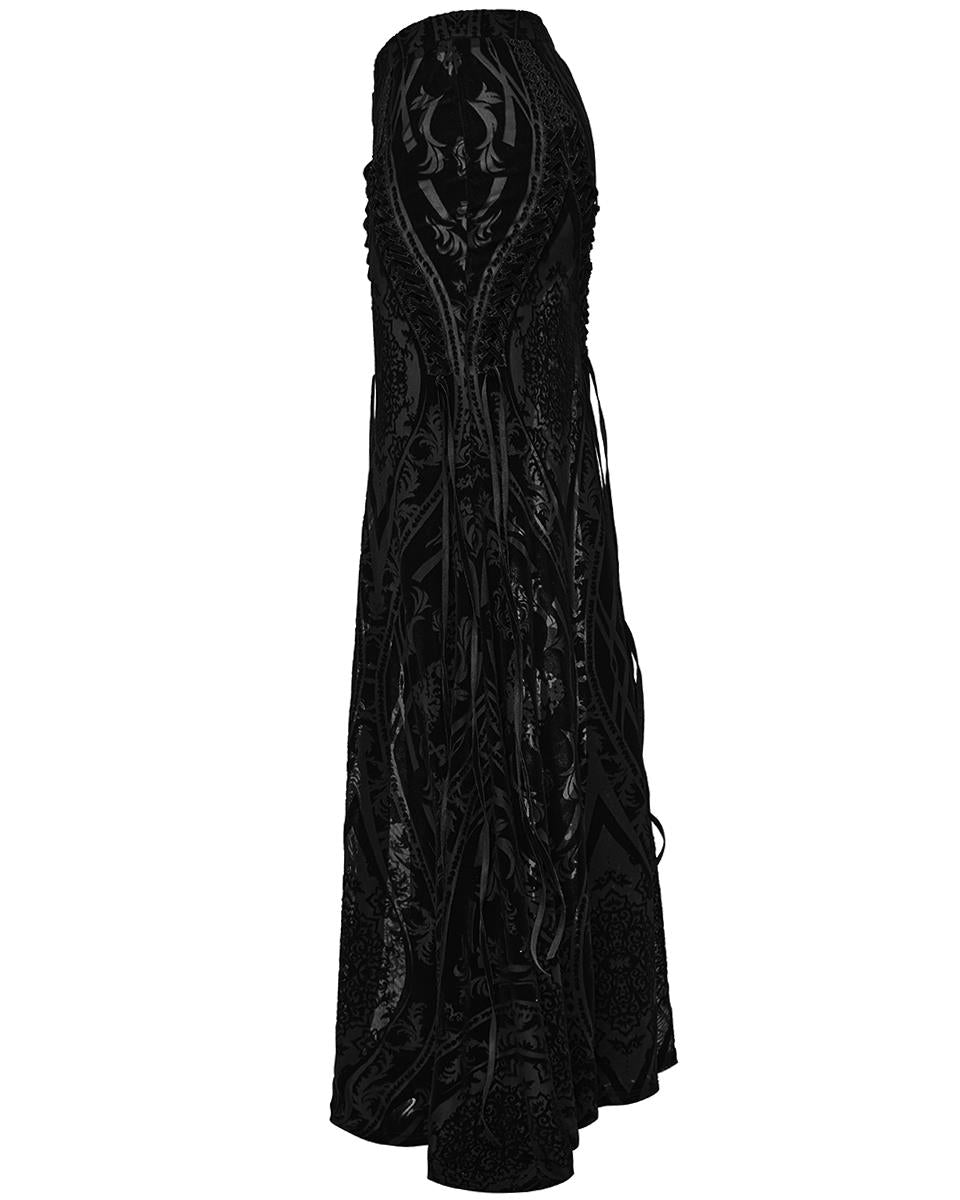 WQ-769BQF Womens Long Gothic Damask Flocked Mesh Fiashtail Maxi Skirt