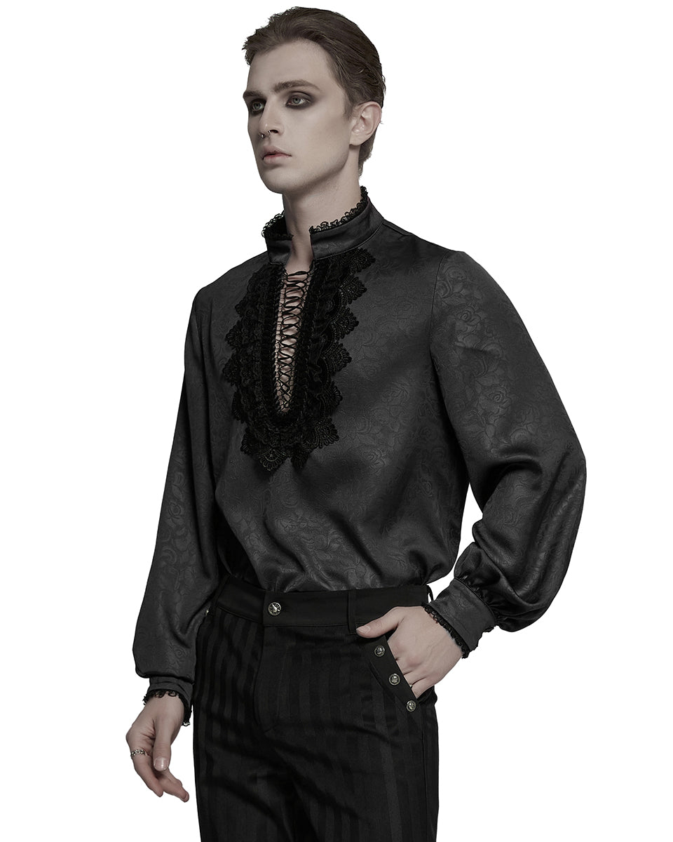 WY-1785 Mens Gothic Embossed Print Lace-Up Pirate Shirt - Black