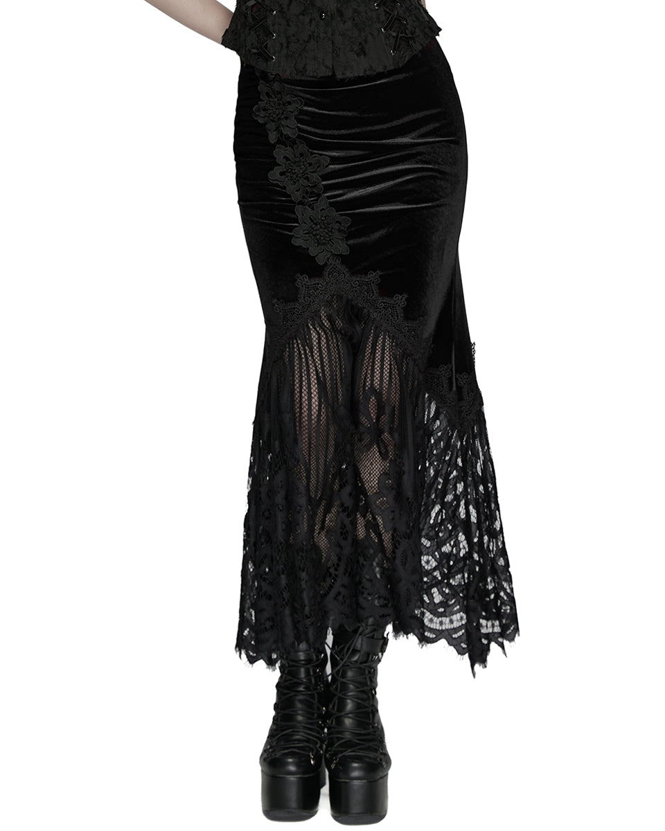 WQ-833BQF Womens Gorgeous Gothic Ruched Velvet & Lace Long Fishtail Skirt