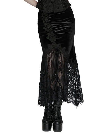 WQ-833BQF Womens Gorgeous Gothic Ruched Velvet & Lace Long Fishtail Skirt