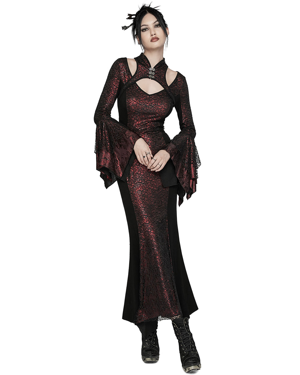 WQ-772LQF Womens Long Gothic Fitted Maxi Dress With Mesh Contrast - Red & Black