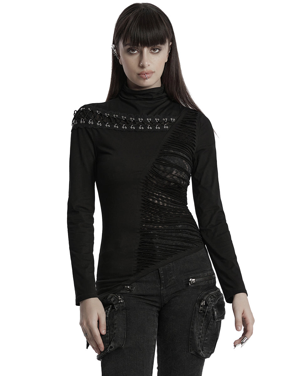 OT-952TCF-BKF Daily Life Womens Asymmetric Apocalyptic Spliced Mesh Top