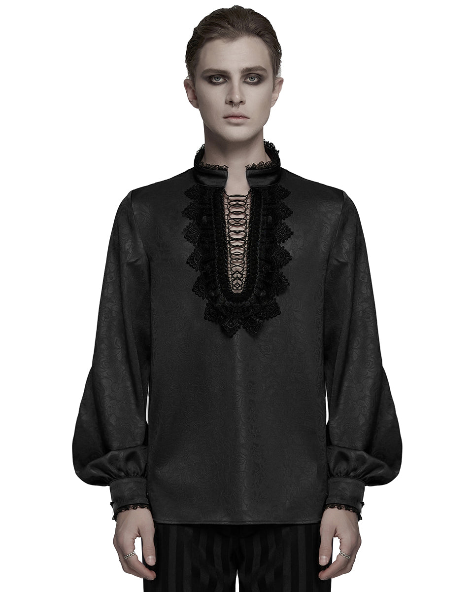 WY-1785 Mens Gothic Embossed Print Lace-Up Pirate Shirt - Black