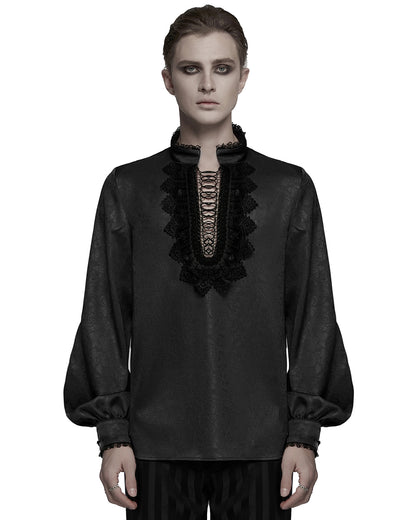 WY-1785 Mens Gothic Embossed Print Lace-Up Pirate Shirt - Black