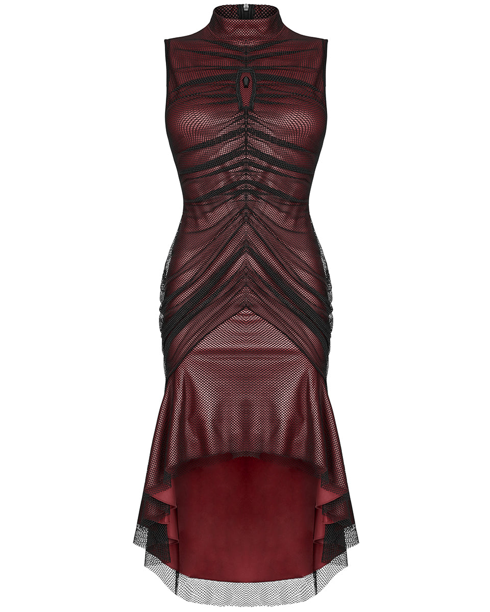 WQ-607 Dark Gothic Coffin Stone Fishnet Ruching Dress - Red & Black