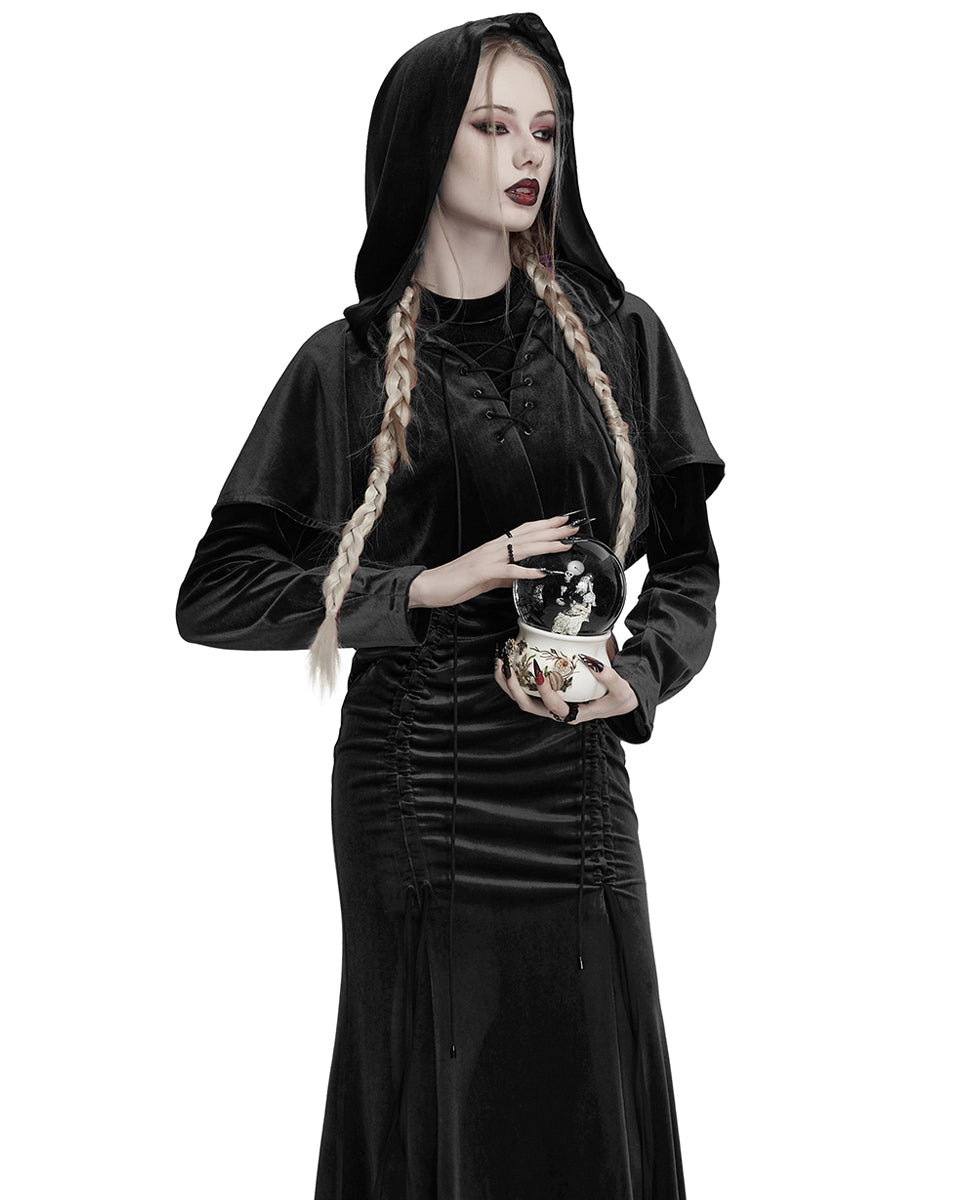 OPY-444DQF Daily Life Womens Velvet Gothic Lolita Hooded Split Tails Bolero Cape - Black