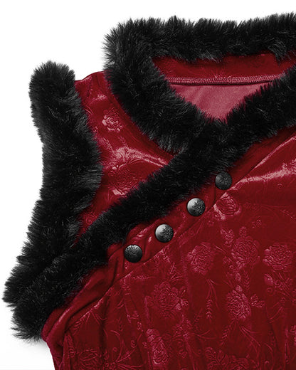 WQ-756LQF Womens Gothic Embossed Rose Velvet & Faux Fur Cheongsam Dress - Red