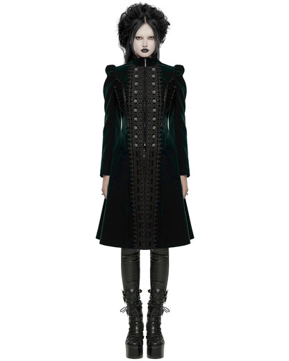 WY-1633XCF Womens Gothic Velvet Embellished Mid Length Military Coat - Bottle Green