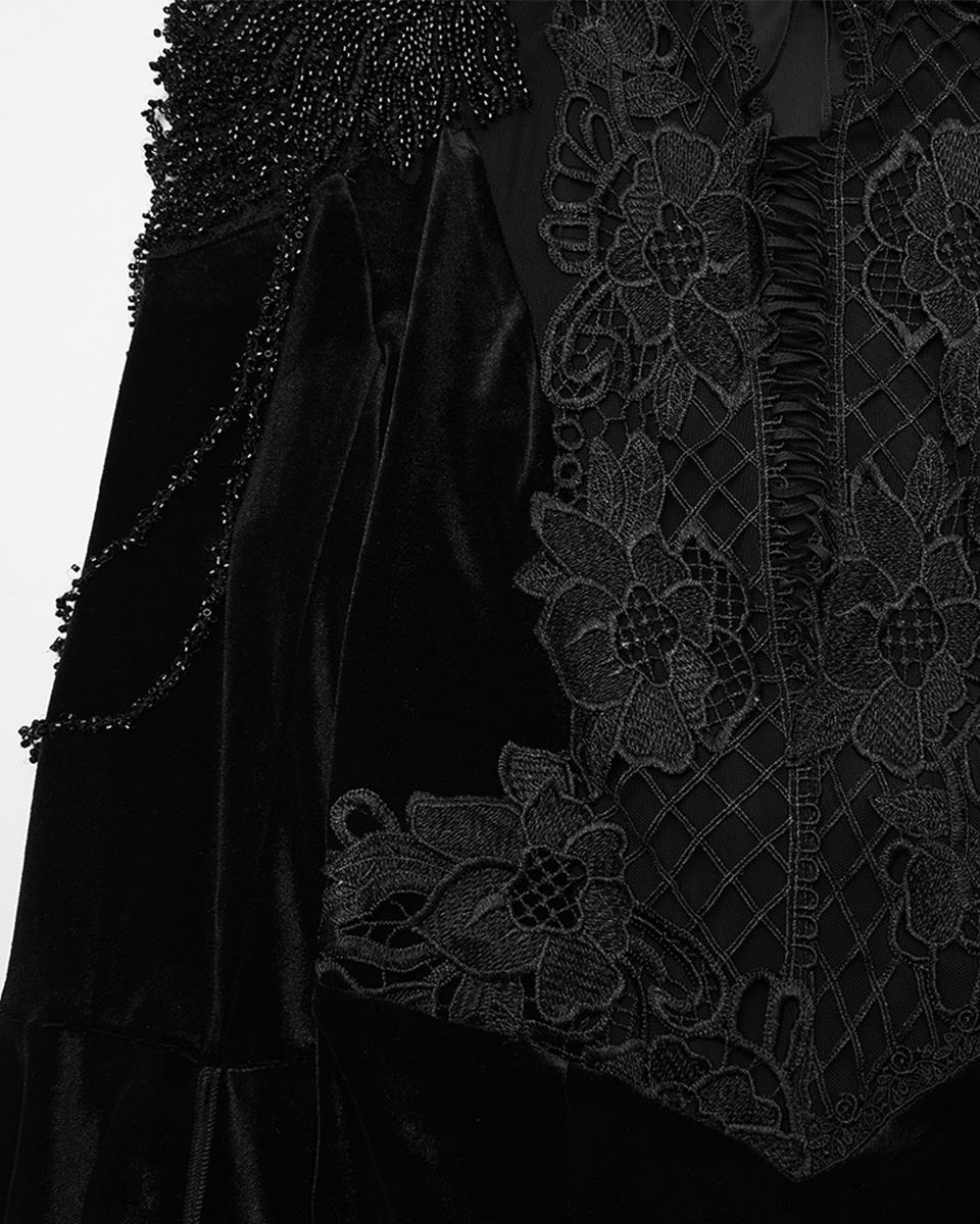 WQ-898LQF Womens Long Gothic Velvet & Lace Beaded & Embroidered Maxi Dress