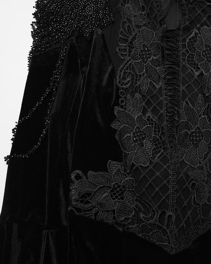 WQ-898LQF Womens Long Gothic Velvet & Lace Beaded & Embroidered Maxi Dress