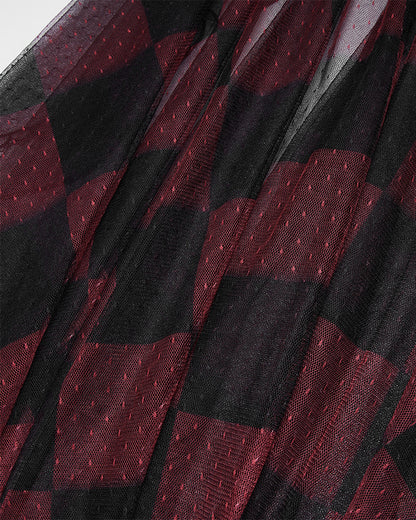 PR-LQ103-BKPRFPyon Pyon Womens Gothic Lolita Sheer Mesh Half-Skirt - Black & Red Check