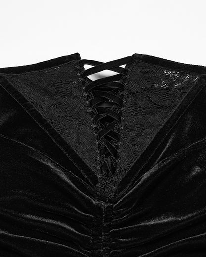 PR-OQ-844BQF-BKF Daily Life Womens Long Gothic Velvet Ruched Split Waist Skirt - Black