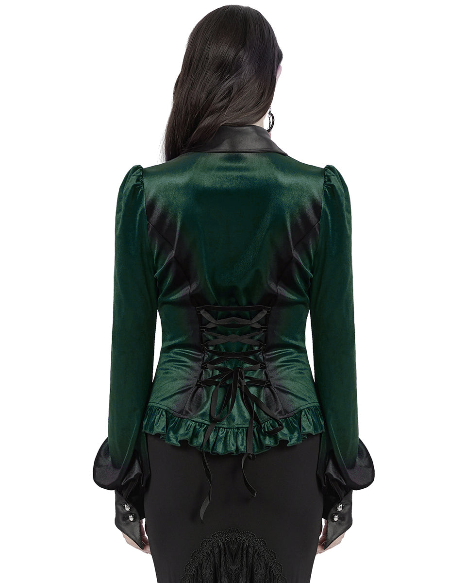 OY-1697DQF-GRF Daily Life Gothic Gradient Velvet Bat Collar Blouse Top - Green & Black