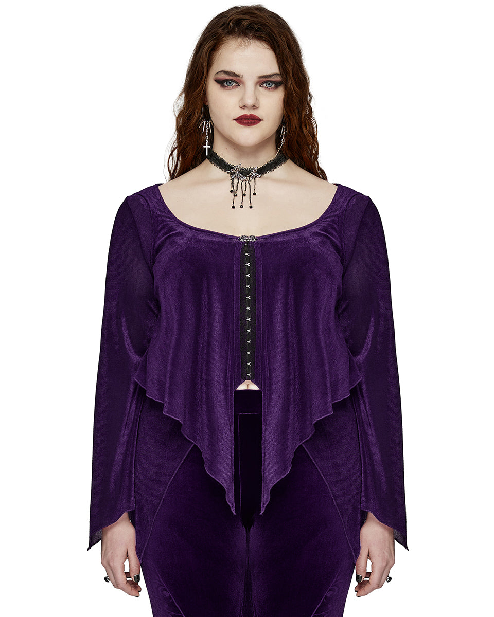 DY-1624XDF Plus Size Womens Gothic Layered Velvet & Mesh Tunic Top - Purple