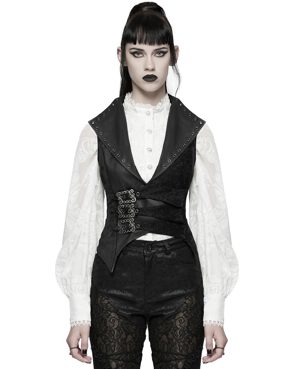 WY-1835MJF Womens Gothic Spliced Velvet & Faux Leather Asymmetric Waistcoat Vest