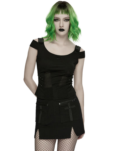 WT-1065TDF Womens Apocalyptic Gothic Studded Mesh Inset T-Shirt Top