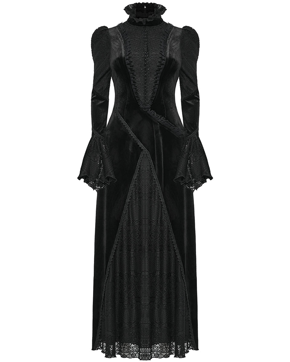 PR-WQ-661LQF-BKF Womens Victorian Gothic Velvet & Lace Mourning Dress