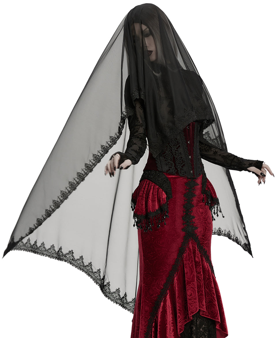 WS-833FSF Womens Dark Gothic Beaded Demon Horns 2-Piece Mesh Veil