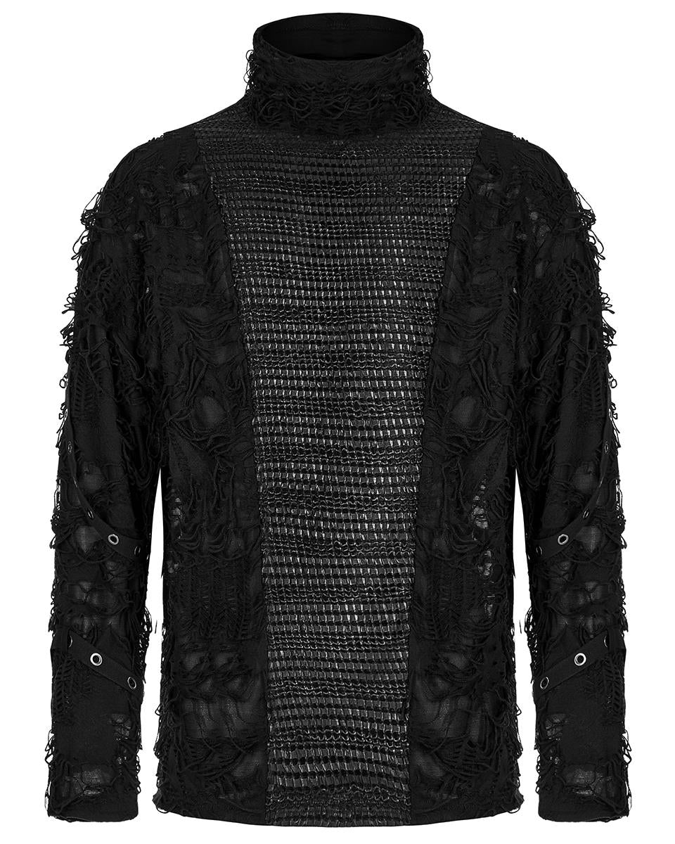 Punk Rave Mens Dystopian Cyberpunk Shredded Mesh Panelling Top