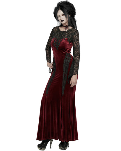 WQ-763LQF Womens Long Gothic Velvet & Lace Applique Maxi Dress - Red