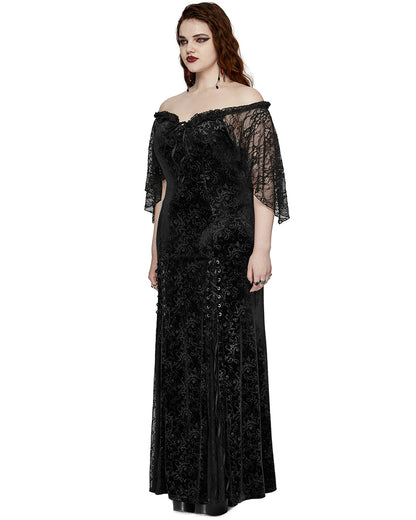 DQ-730LQF Plus Size Womens Gothic Embossed Velvet Off-Shoulder Maxi Dress - Black