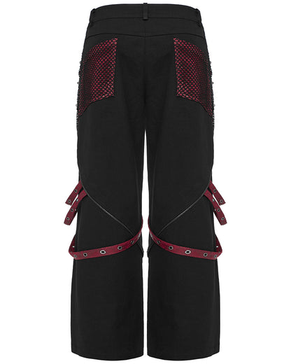 PR-WK-602XCM-BKRDM Mens Gothic Punk Wide Leg Mesh Panelled Pants - Black & Red