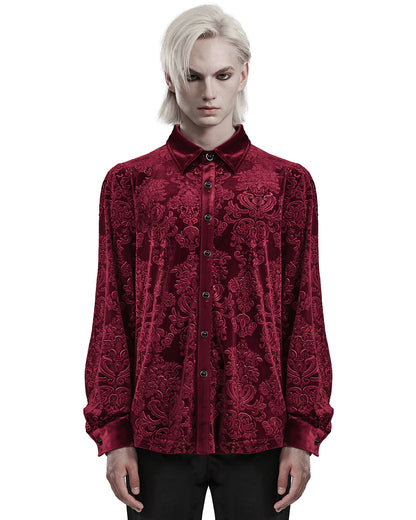 PR-WY-1541CCM-RDM Mens Gothic Aristocrat Embossed Velvet Damask Shirt - Red