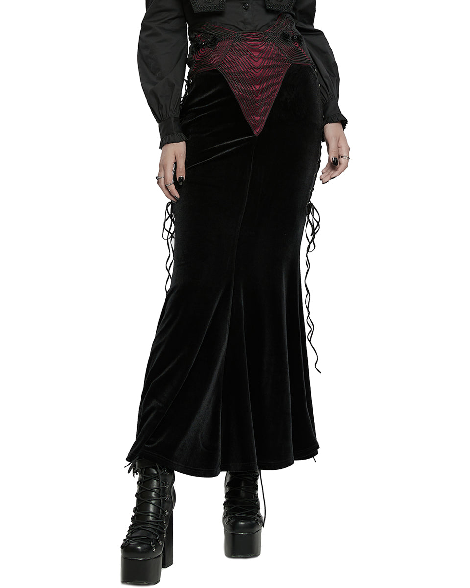 WQ-742BQF Womens Long Gothic Rose Lace Up Velvet Fishtail Skirt - Black & Red