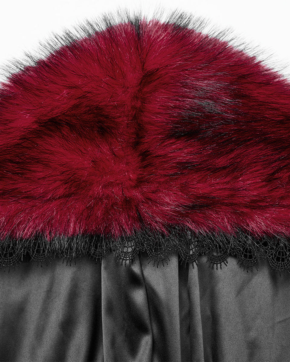 WY-1663DPF Womens Long Gothic Faux Fur Asymmetric Hooded Winter Cloak - Red